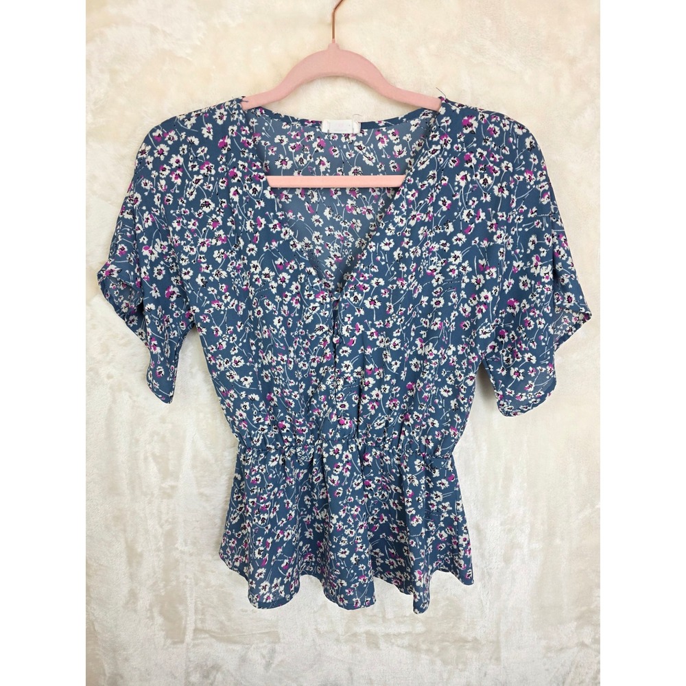 Sienna Sky Blue Floral Peplum Top V-Neck Short Sleeve Blouse XS‎ 02CT1993